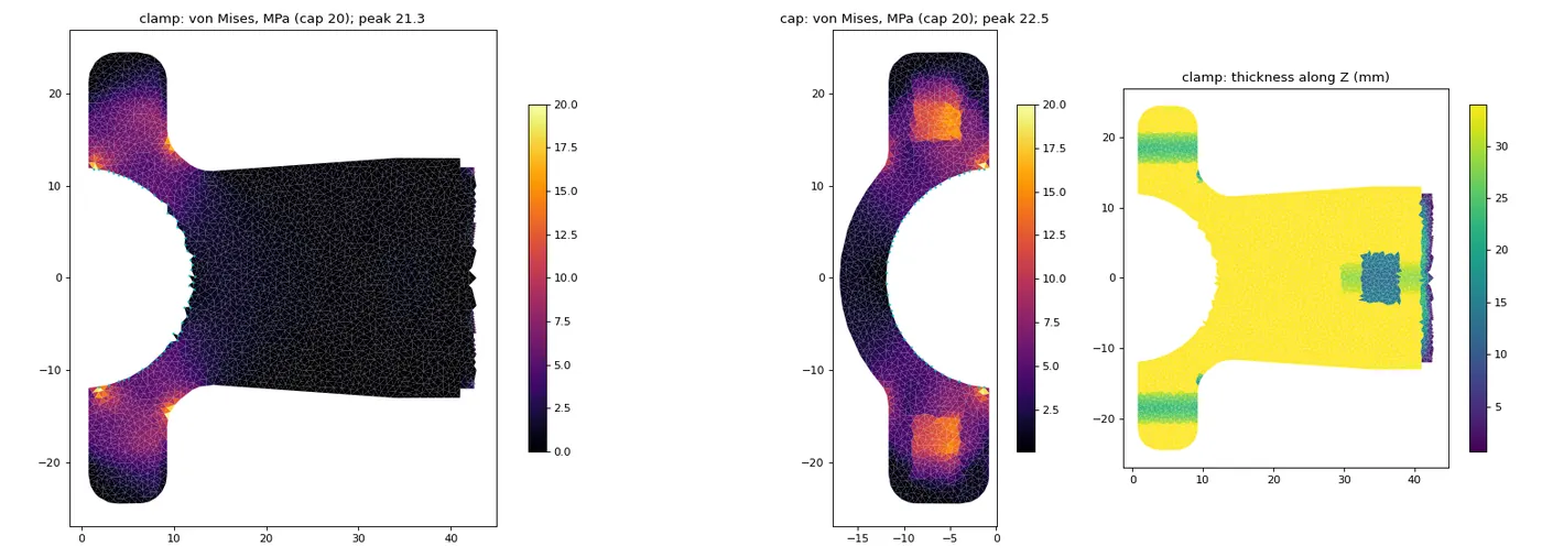 Stress and thickness maps of the v1 anchor clamp and cap