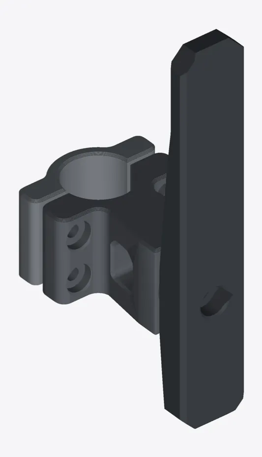 Render of the strap anchor: a two-part clamp with a tall post on a toothed joint