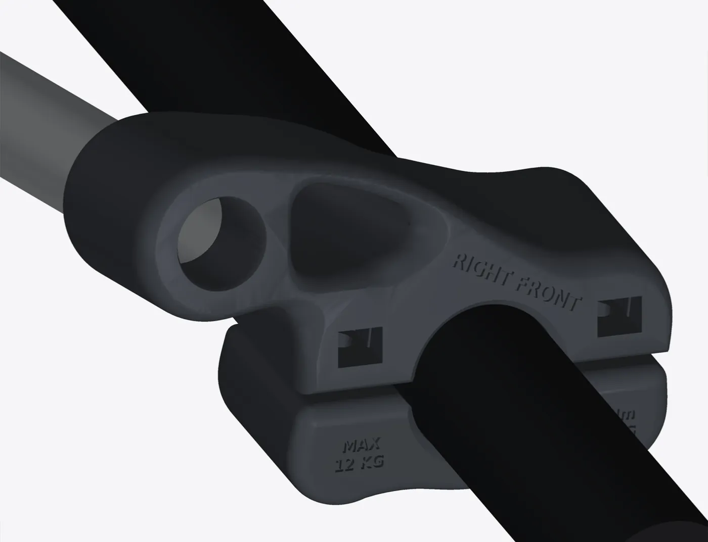 Close-up render of the front clamp engraved RIGHT FRONT, with MAX 12 KG on the cap