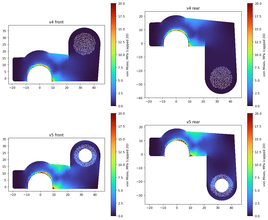 Four early stress maps of the v4 and v5 front and rear clamps