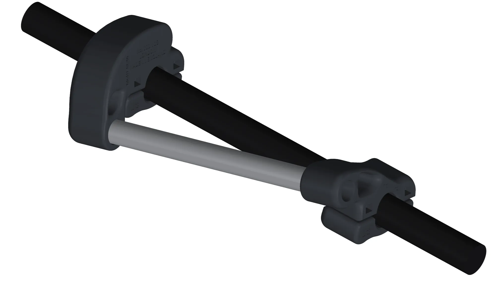 CAD render of the final pannier rail: two graphite clamps holding a silver 16 mm rail level beside a black rack tube
