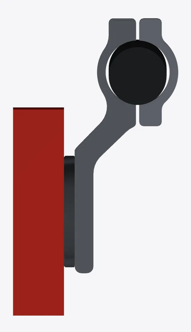 Side render of the radar mount: a collar on the tube, a slim strip and the radar shown as a red block