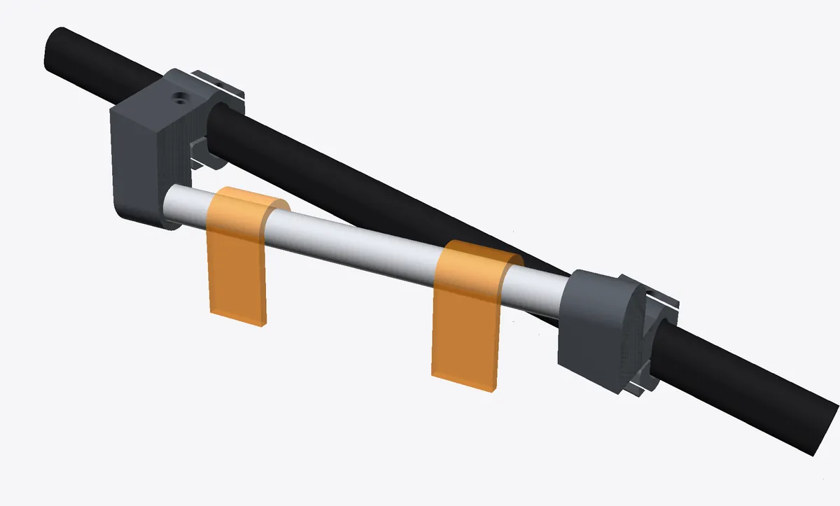 CAD render of rail v4 on its tube, with two hook blocks on the rail