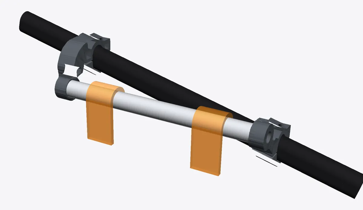 CAD render of rail v6 with topology-optimised clamps