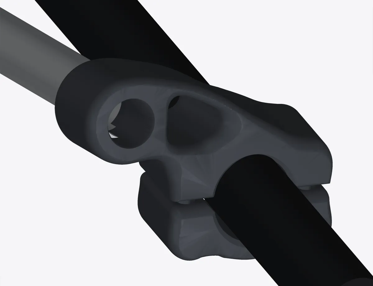 Close-up render of the v8 front clamp on the round tube