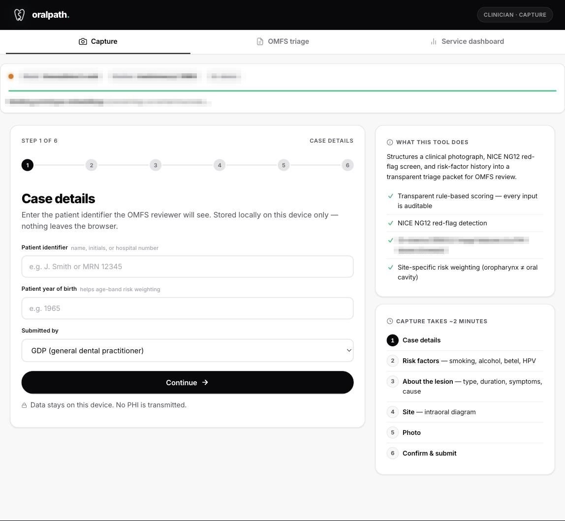 OralPath capture screen: structured case intake