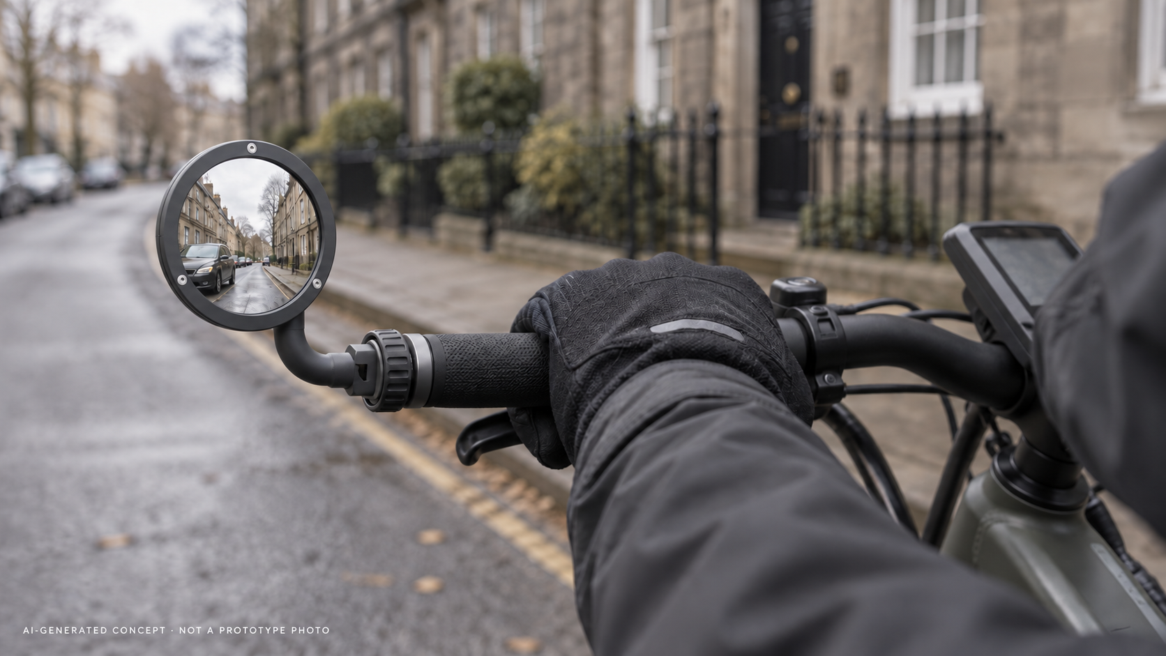 AI-generated concept of the rounded bar-end mirror on a commuter bicycle beside a quiet British street; reflection and hardware illustrative