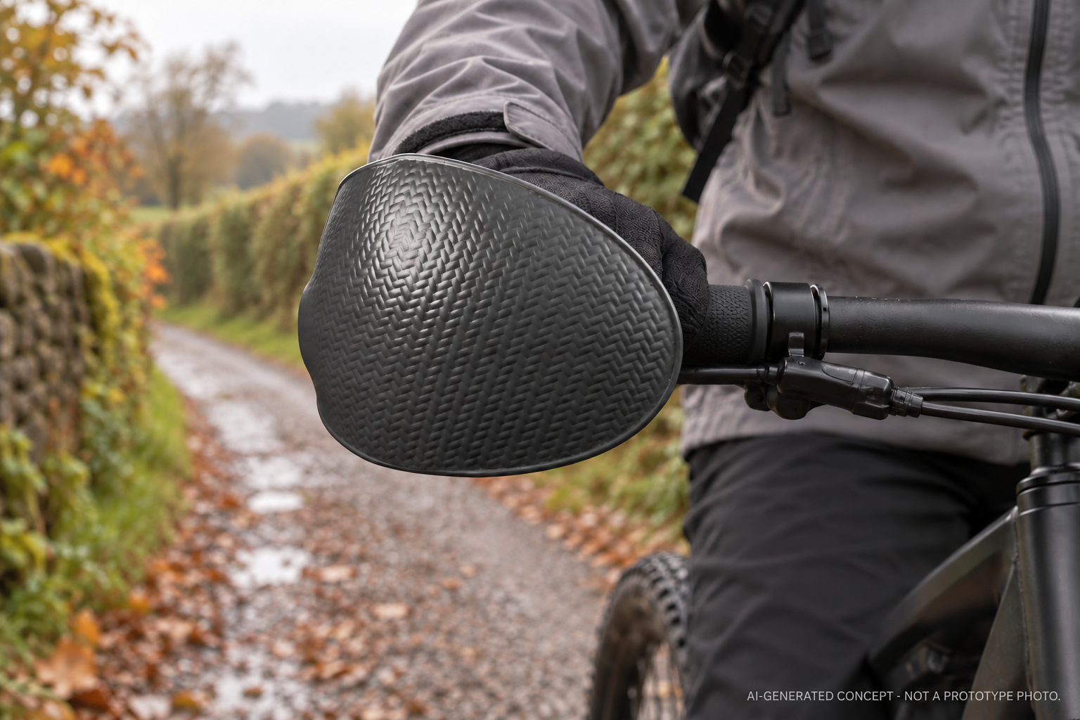 New AI-generated countryside concept guided by the v6.2 CAD: tall unbranded rider-right shield with woven surface and continuous lower edge; mounting and fit illustrative