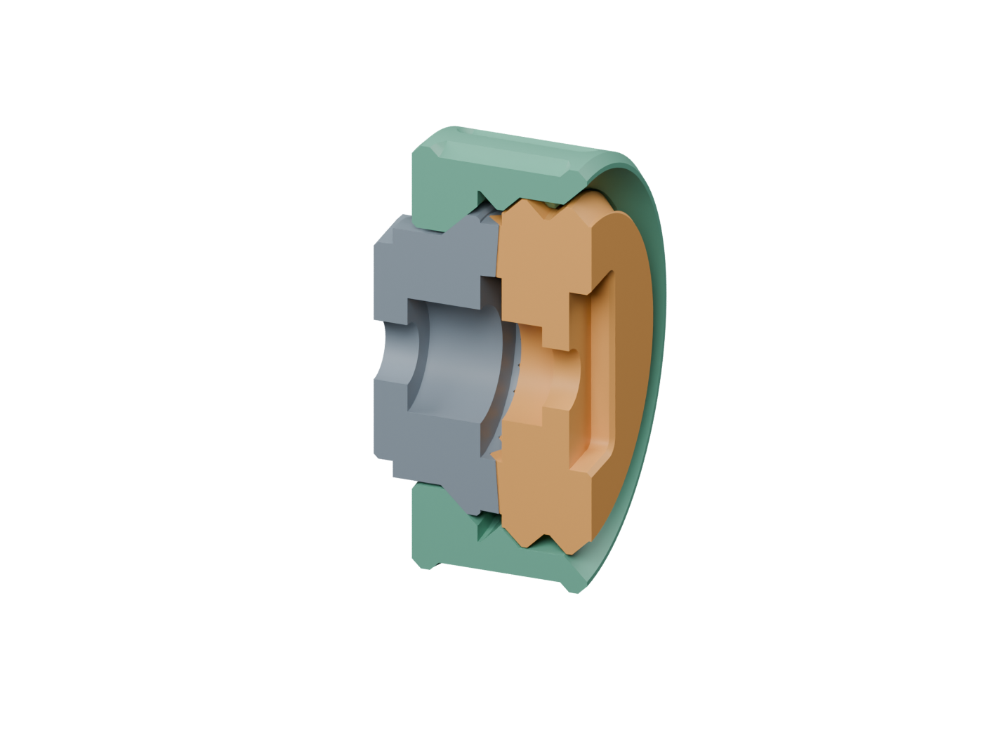 Axial cutaway of the existing coupling: green outer captive collar encloses grey fixed head and amber accessory puck